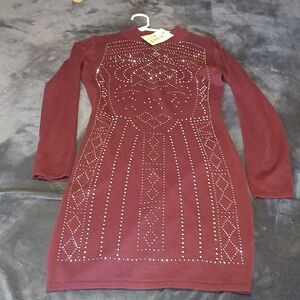 Burgundy Long Sleeve Dress with Studded Design